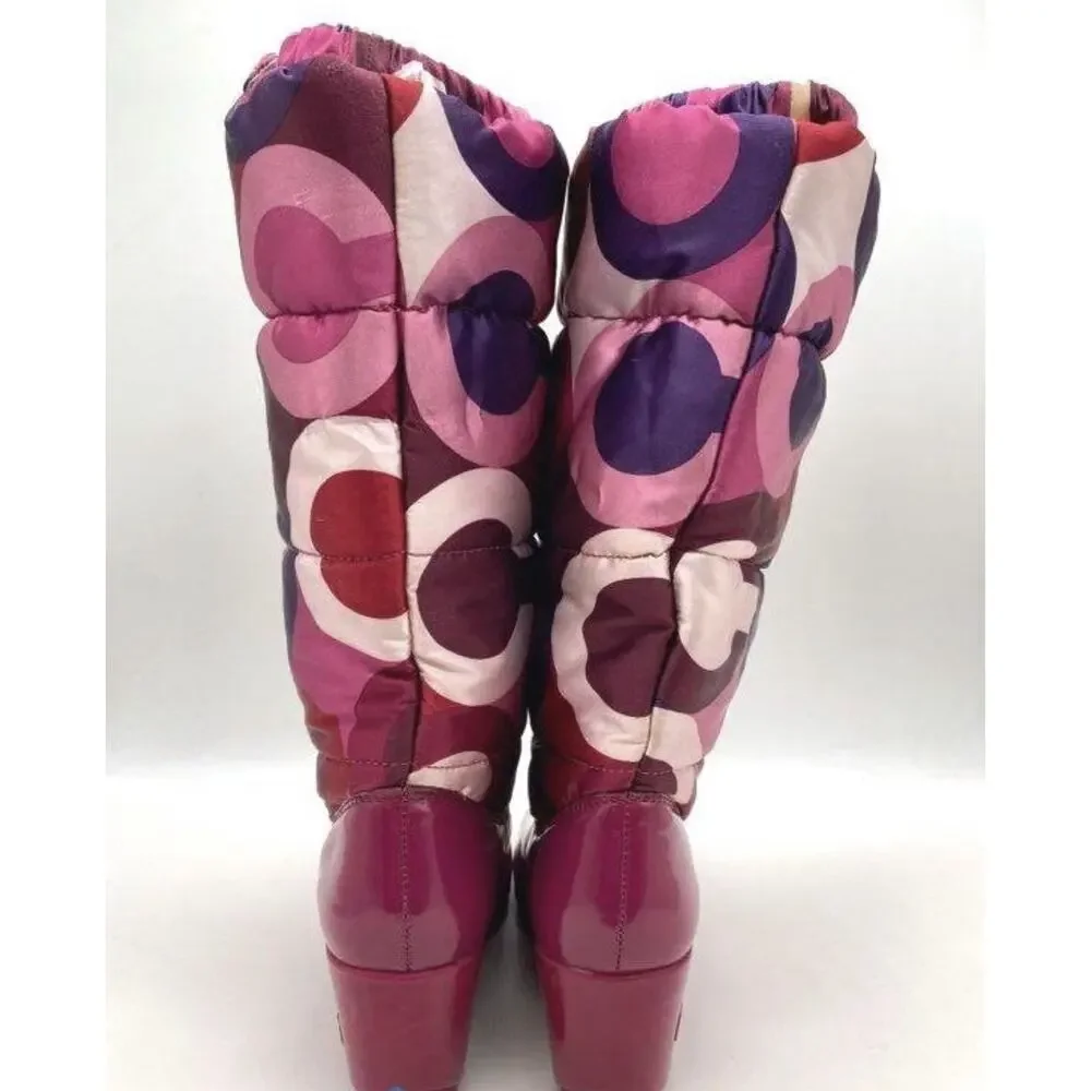 Coach Puffer Platform Boots Sz 5.5 Pink Wedge Art Sateen Logo Winter Rain Y2k - Picture 4 of 10